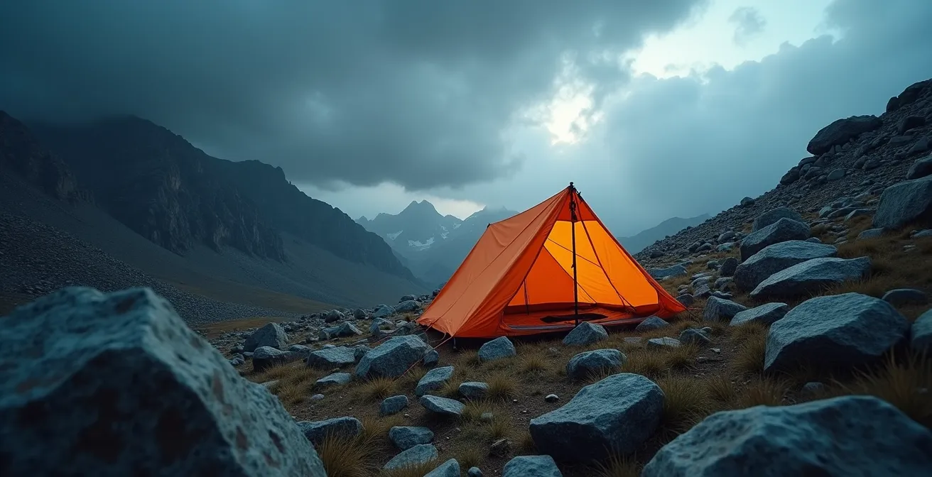 Installation d'un abri d'urgence avec tarp sous orage en montagne
