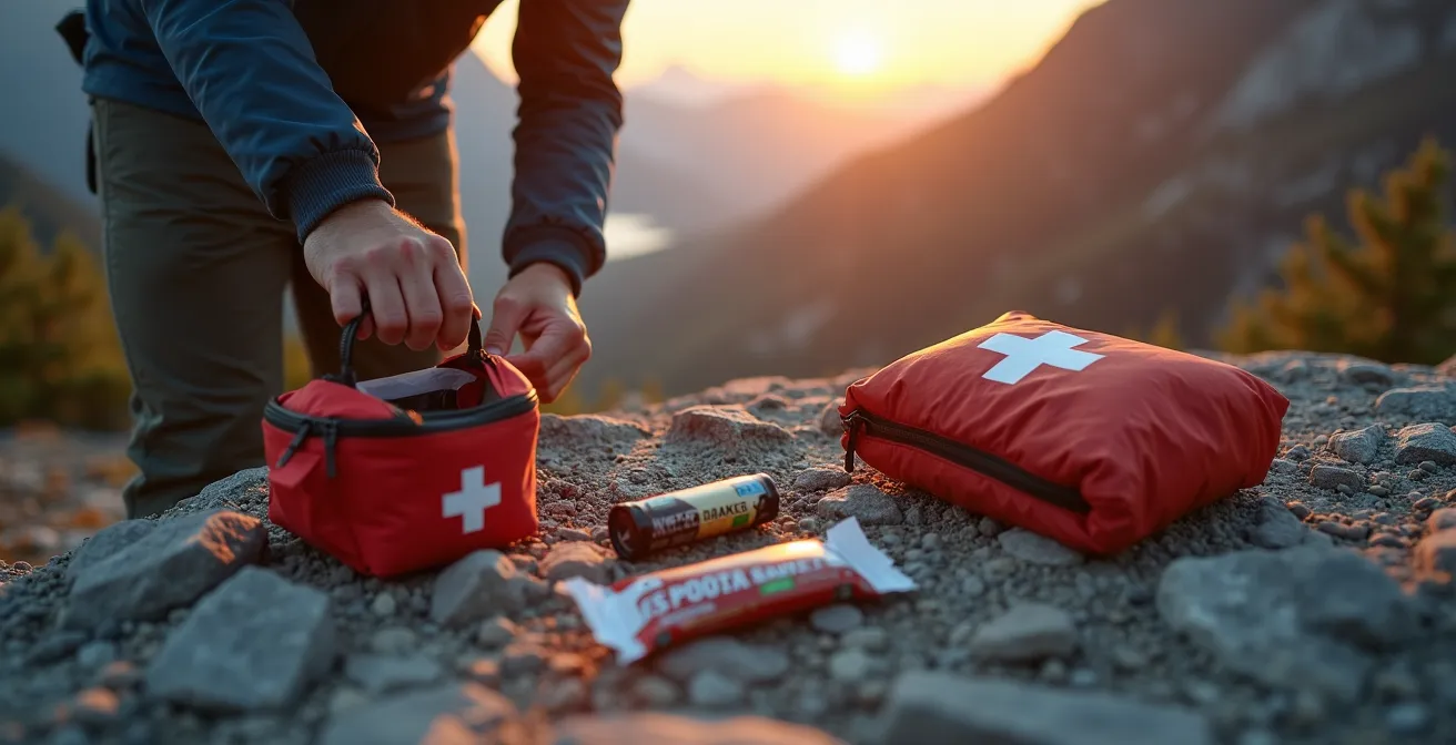 Kit de survie complet déployé sur rocher avec équipements organisés