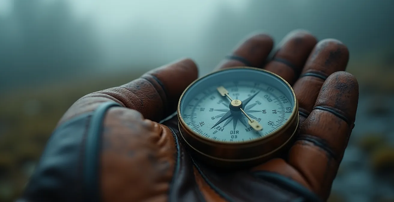 Main tenant une boussole avec brouillard dense en arrière-plan