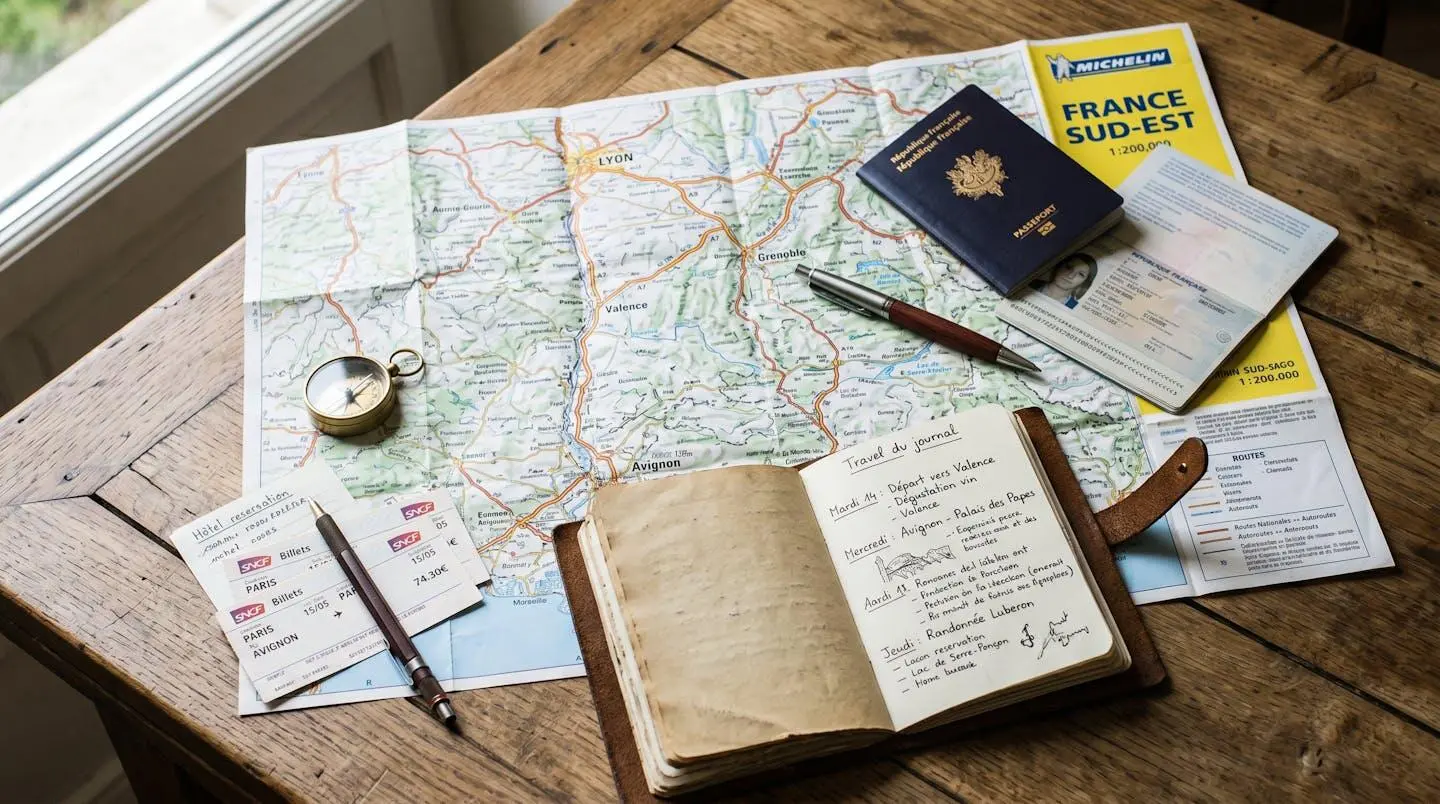 Une carte routière dépliée sur une table en bois avec carnet de voyage ouvert, stylo et passeport disposés naturellement en vue de dessus