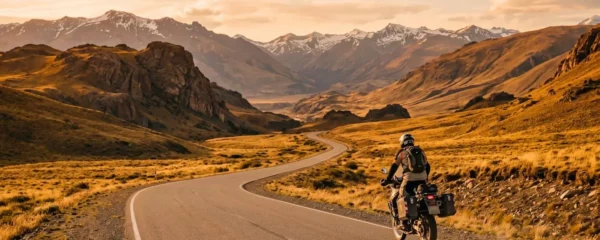 Un motard pilotant une moto trail sur une route panoramique déserte traversant un paysage montagneux spectaculaire sous une lumière dorée de fin de journée