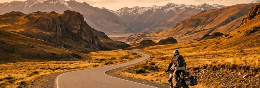 Un motard pilotant une moto trail sur une route panoramique déserte traversant un paysage montagneux spectaculaire sous une lumière dorée de fin de journée