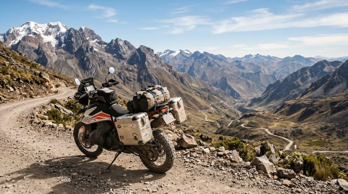 Une moto trail équipée de sacoches de voyage garée sur un terrain montagneux accidenté avec paysage naturel spectaculaire en arrière-plan