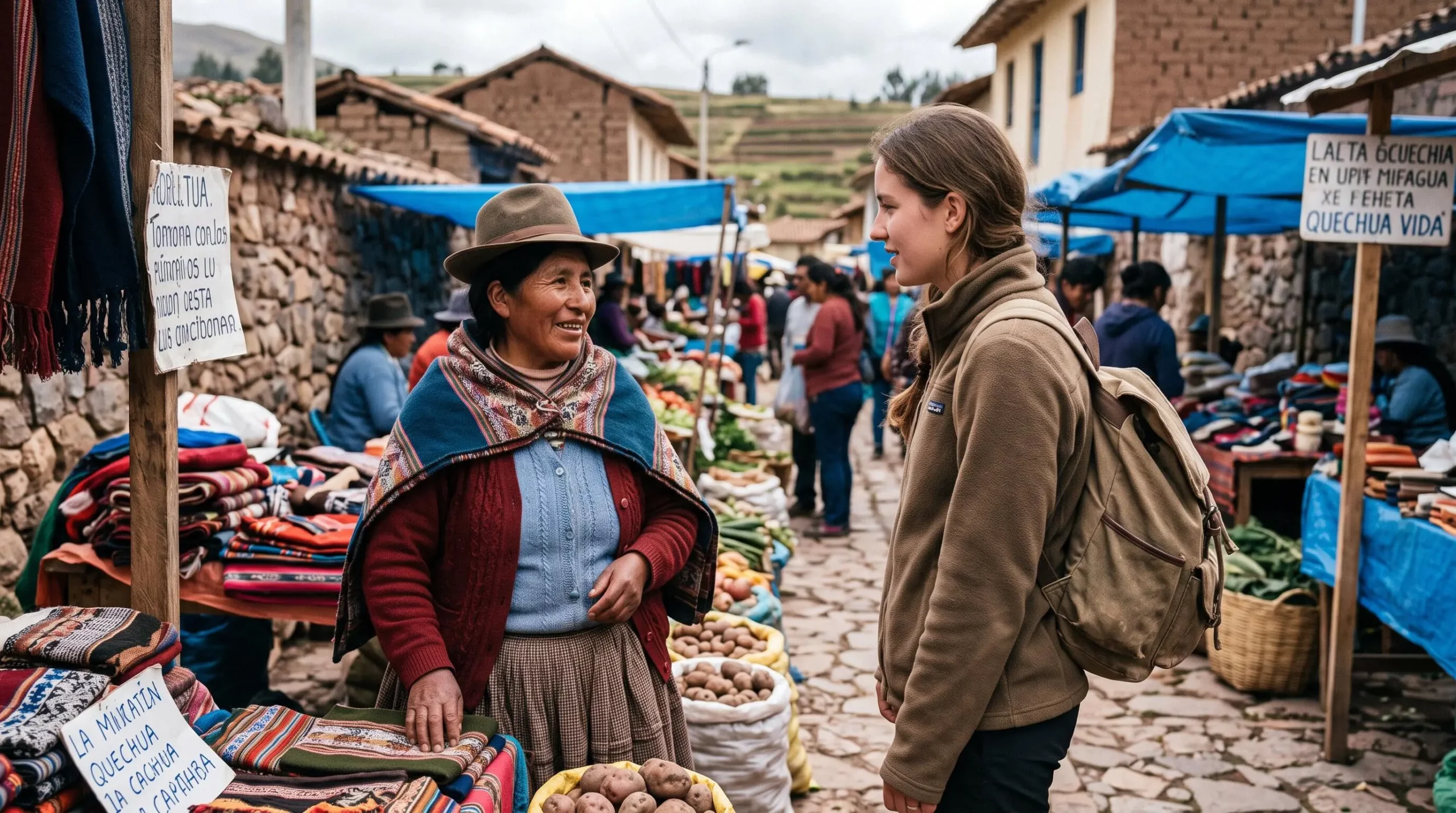 Un voyageur en conversation spontanée avec un habitant local sur un marché extérieur dans un village traditionnel avec éléments culturels authentiques visibles